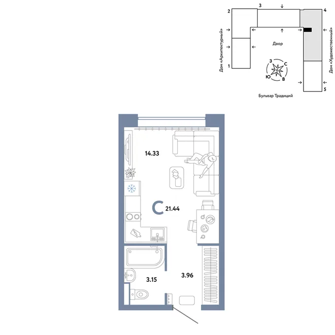 Планировка Студия, 21.44 м² ЖК «Микрорайон Домашний»