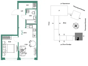 Планировка 2-комн. квартира, 39.75 м² ЖК «Сердце Сибири»