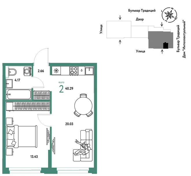 Планировка 2-комн. квартира, 40.29 м² ЖК «Микрорайон Домашний»