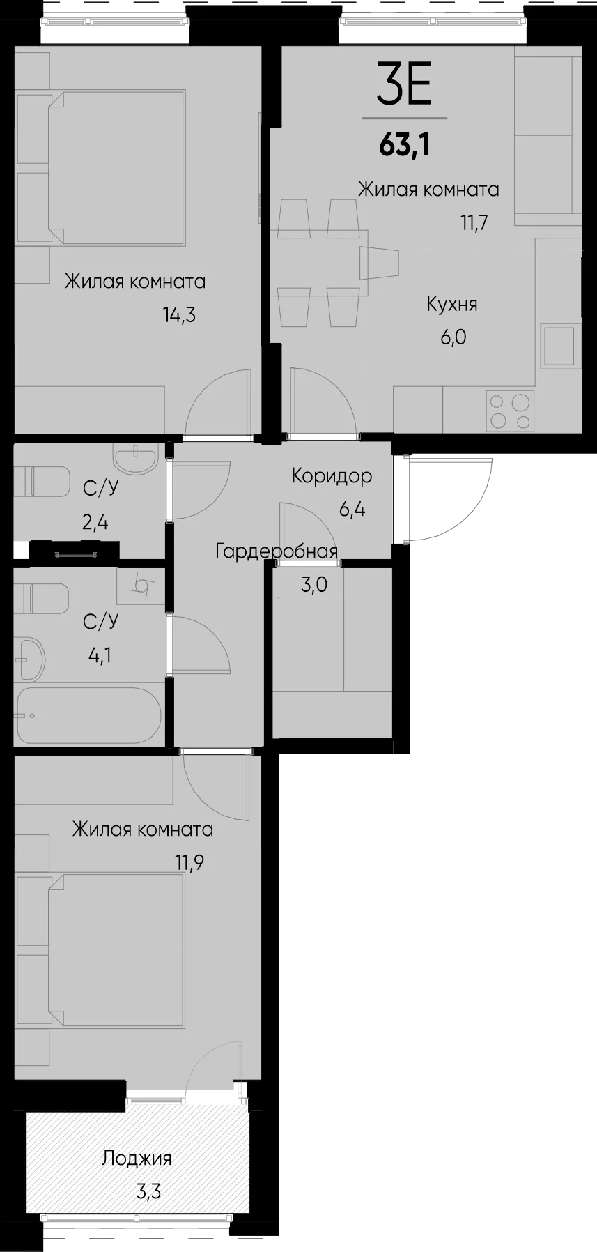 Планировка 3-комн. квартира, 63.1 м² ЖК «Васильевский остров»