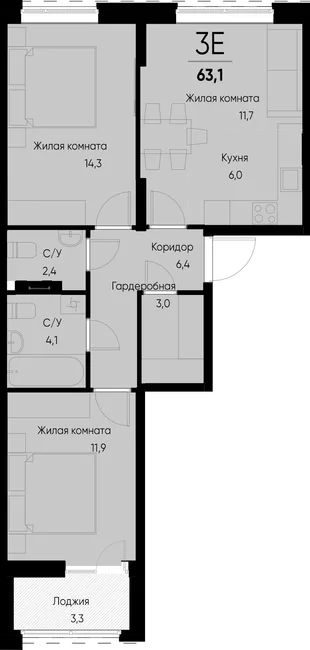 Планировка 3-комн. квартира, 63.1 м² ЖК «Васильевский остров»