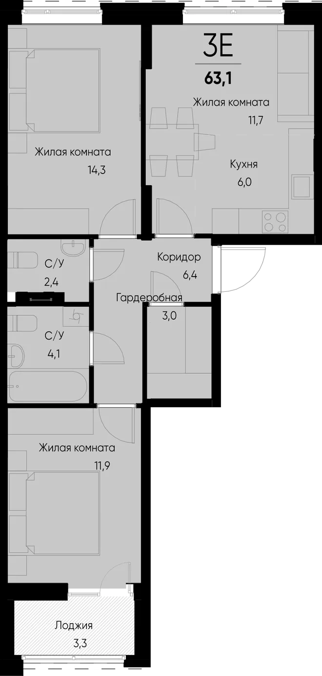 Планировка 3-комн. квартира, 63.1 м² ЖК «Васильевский остров» Планировка 3-комн. квартира, 63.1 м² ЖК «Васильевский остров»