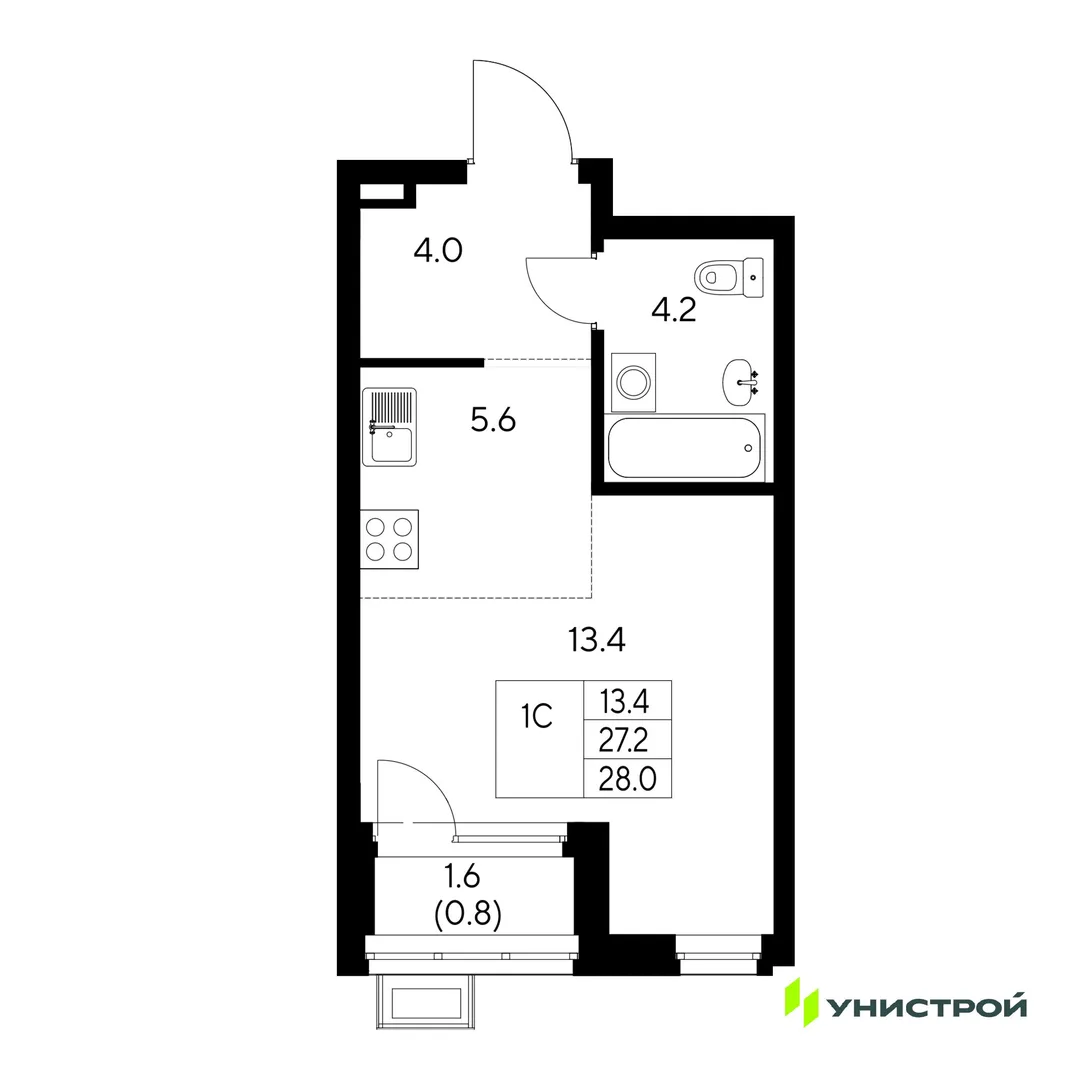 Планировка 1-комн. квартира, 28 м² ЖК «Стадиум»