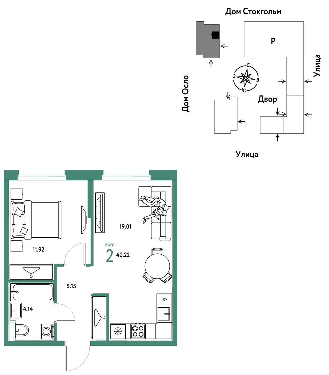 Планировка 2-комн. квартира, 40.22 м² ЖК «Европейский берег 2.0»