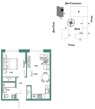 Планировка 2-комн. квартира, 40.22 м² ЖК «Европейский берег 2.0»