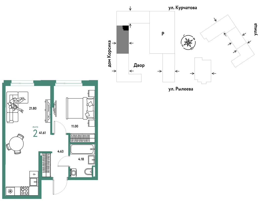 Планировка 2-комн. квартира, 41.6 м² ЖК «Остров-сад»