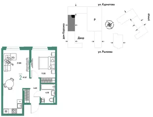 Планировка 2-комн. квартира, 41.6 м² ЖК «Остров-сад»