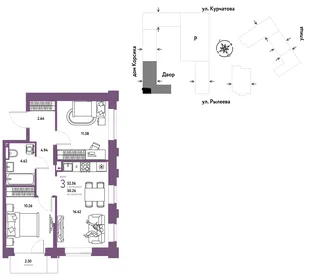 Планировка 3-комн. квартира, 52.86 м² ЖК «Остров-сад»