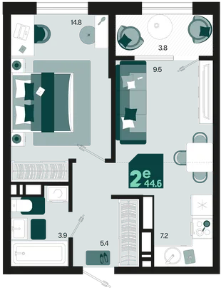 Планировка 2-комн. квартира, 44.6 м² ЖК «Первое место»