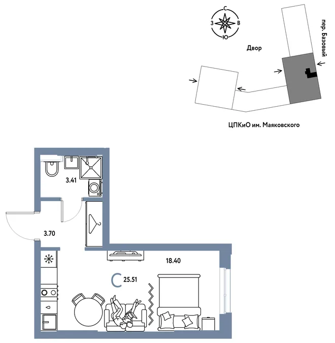 Планировка Студия, 25.51 м² ЖК «Сибирский сад»
