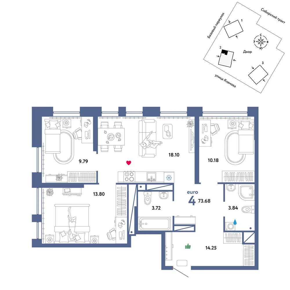 Планировка 4-комн. квартира, 73.68 м² ЖК «Сибирский сад»
