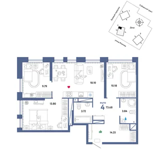 Планировка 4-комн. квартира, 73.68 м² ЖК «Сибирский сад»