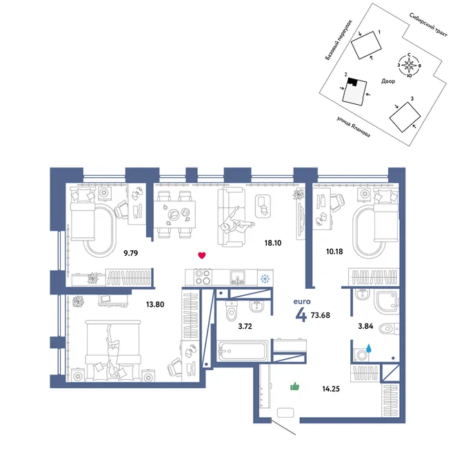 Планировка 4-комн. квартира, 73.68 м² ЖК «Сибирский сад» Планировка 4-комн. квартира, 73.68 м² ЖК «Сибирский сад»