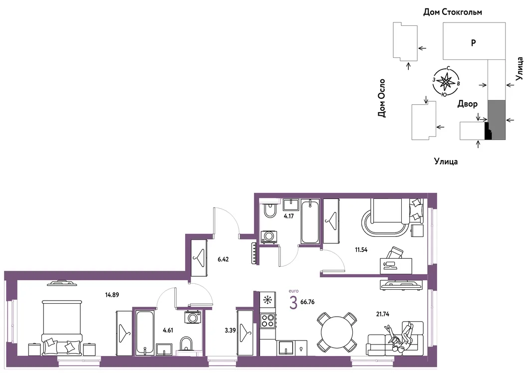 Планировка 3-комн. квартира, 66.76 м² ЖК «Европейский берег 2.0»