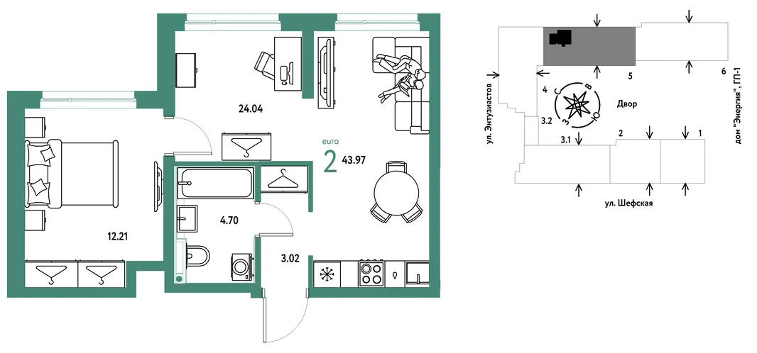 Планировка 2-комн. квартира, 43.97 м² ЖК «Страна.Энтузиастов»