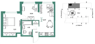 Планировка 2-комн. квартира, 43.97 м² ЖК «Страна.Энтузиастов»