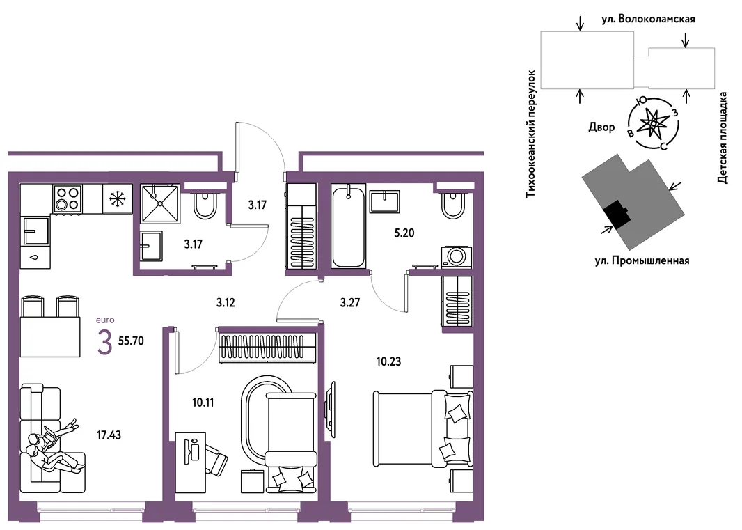 Планировка 3-комн. квартира, 55.7 м² ЖК «Страна Прибрежная»