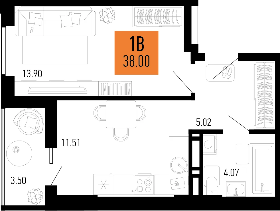 Планировка 1-комн. квартира, 38 м² ЖК «Столицыно»