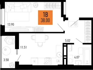 Планировка 1-комн. квартира, 38 м² ЖК «Столицыно»