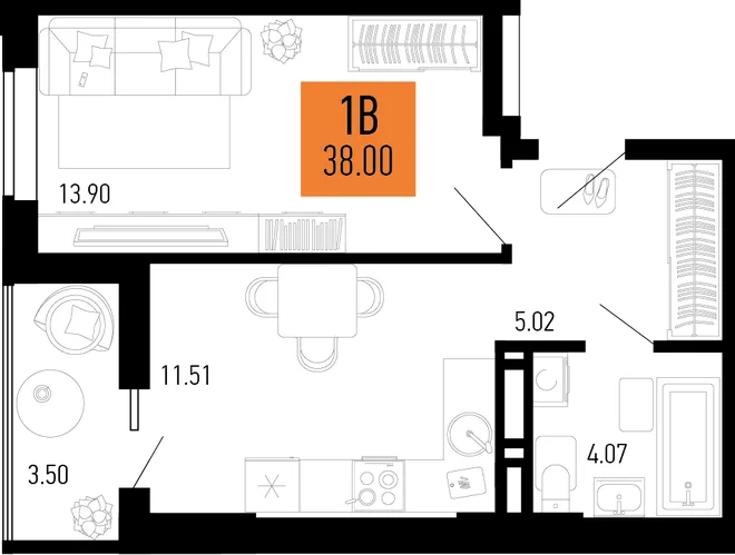 Планировка 1-комн. квартира, 38 м² ЖК «Столицыно» Планировка 1-комн. квартира, 38 м² ЖК «Столицыно»