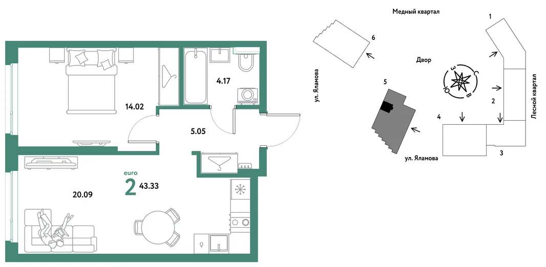 Планировка 2-комн. квартира, 43.33 м² ЖК «Сибирский сад»