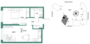 Планировка 2-комн. квартира, 43.33 м² ЖК «Сибирский сад»
