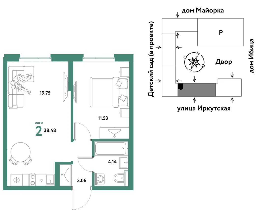 Планировка 2-комн. квартира, 38.48 м² ЖК «Остров-сад»