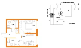 Планировка 1-комн. квартира, 34.89 м² ЖК «Уральский сад»