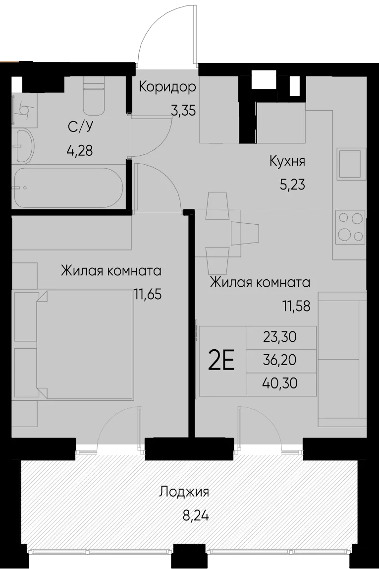 Планировка 2-комн. квартира, 44.4 м² ЖК «Васильевский остров»