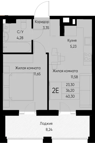 Планировка 2-комн. квартира, 44.4 м² ЖК «Васильевский остров»