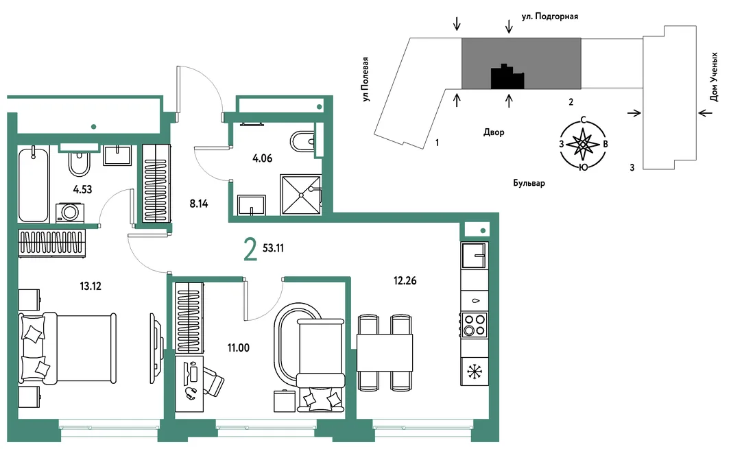Планировка 2-комн. квартира, 53.11 м² ЖК «Авторский»