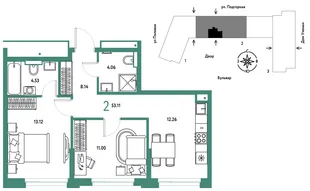 Планировка 2-комн. квартира, 53.11 м² ЖК «Авторский»