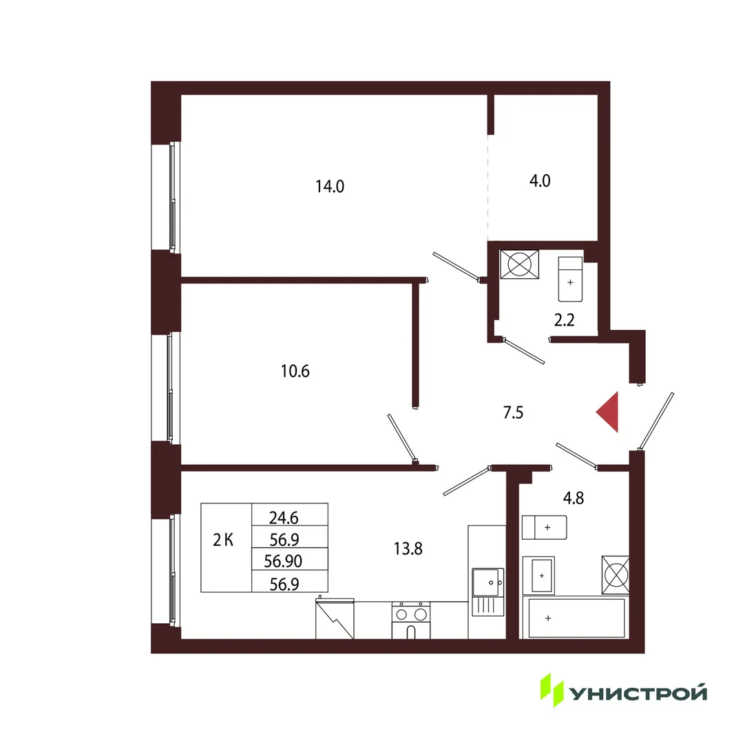 Планировка 2-комн. квартира, 56.9 м² ЖК «Лисино»