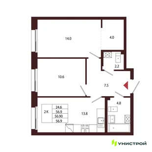 Планировка 2-комн. квартира, 56.9 м² ЖК «Лисино»