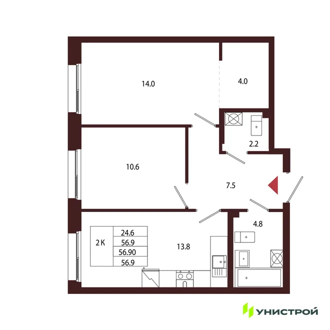 Планировка 2-комн. квартира, 56.9 м² ЖК «Лисино» Планировка 2-комн. квартира, 56.9 м² ЖК «Лисино»