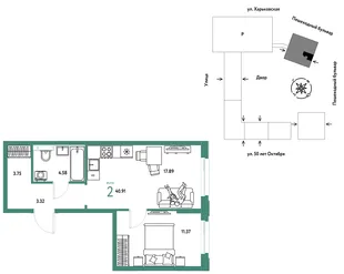 Планировка 2-комн. квартира, 40.91 м² ЖК «Сердце Сибири»