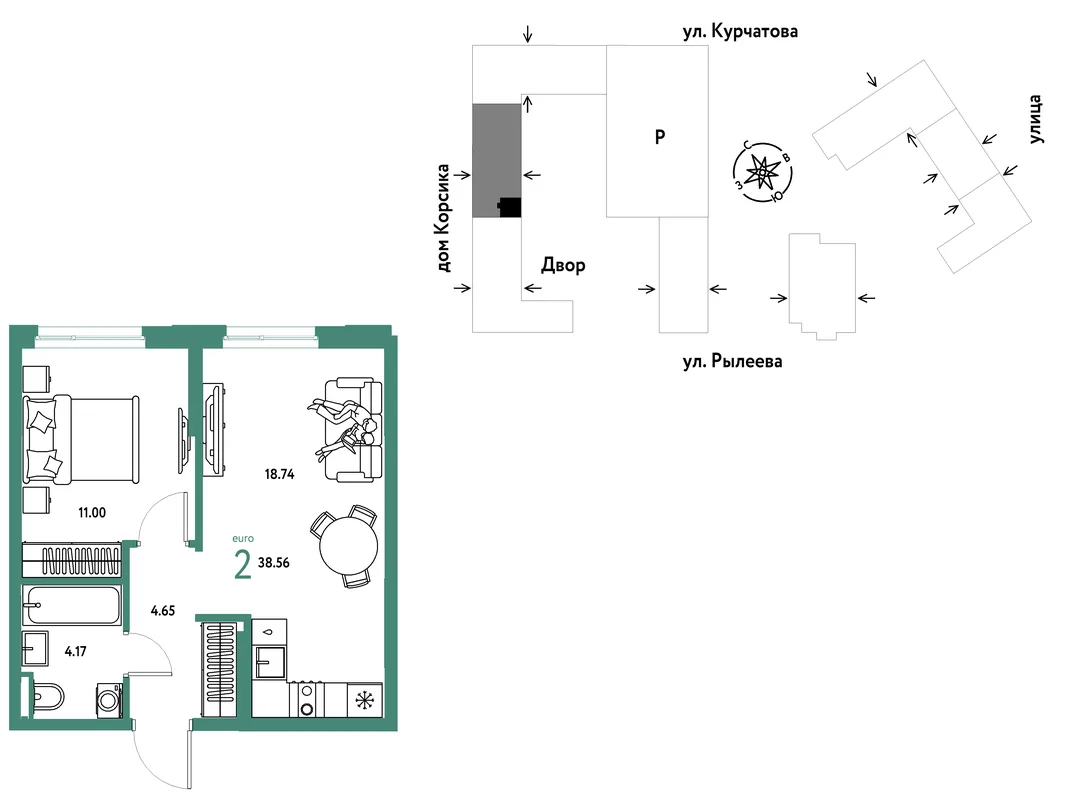 Планировка 2-комн. квартира, 38.55 м² ЖК «Остров-сад»
