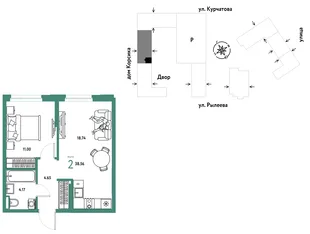 Планировка 2-комн. квартира, 38.55 м² ЖК «Остров-сад»