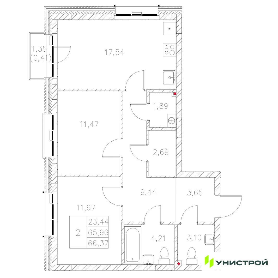 Планировка 2-комн. квартира, 66.37 м² ЖК «Statum»