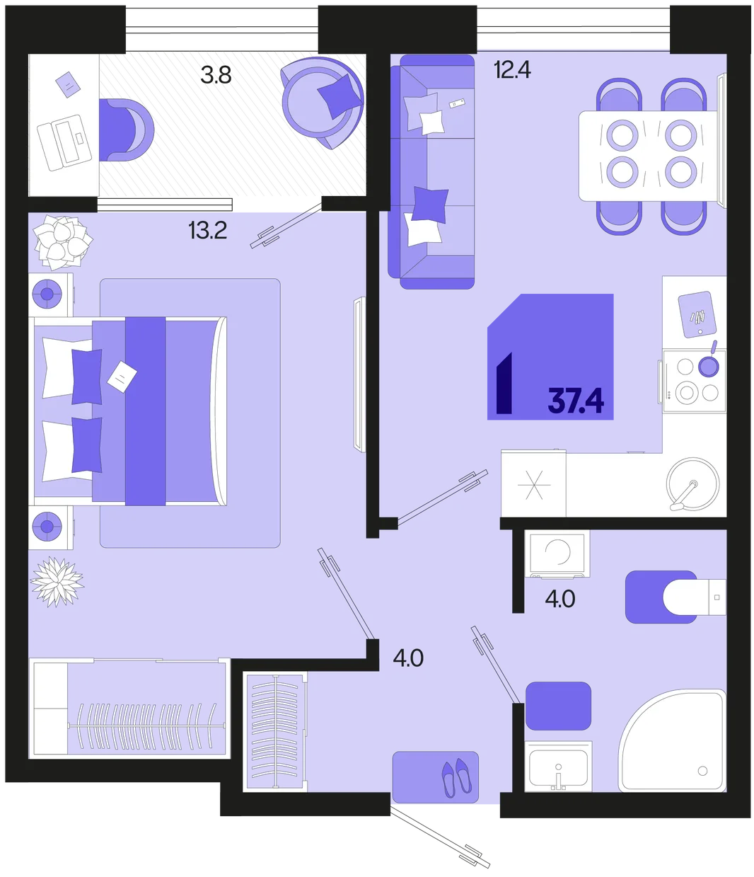 Планировка 1-комн. квартира, 37.4 м² ЖК «Первое место»