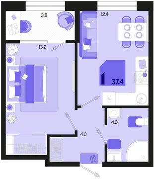 Планировка 1-комн. квартира, 37.4 м² ЖК «Первое место»