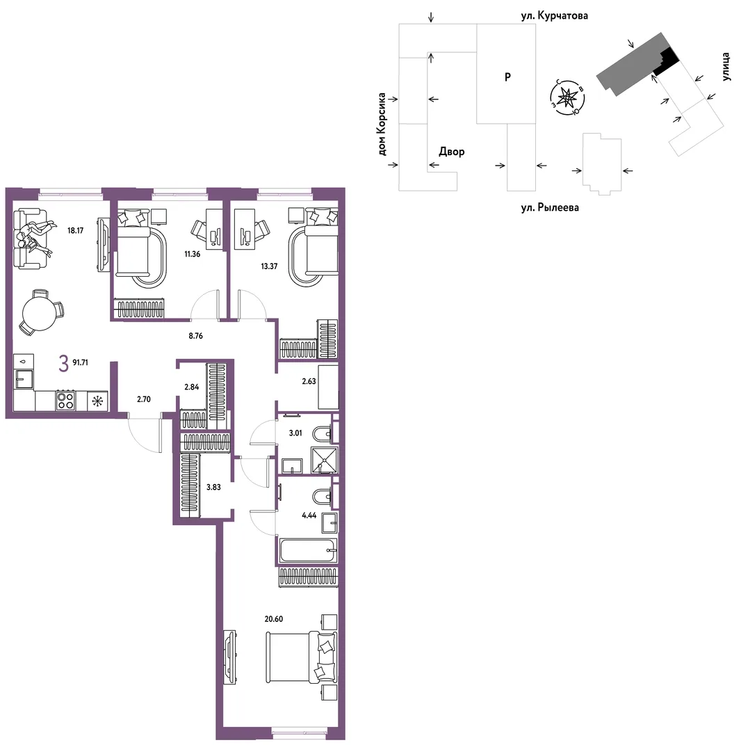 Планировка 3-комн. квартира, 92.16 м² ЖК «Остров-сад»