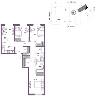 Планировка 3-комн. квартира, 92.16 м² ЖК «Остров-сад»