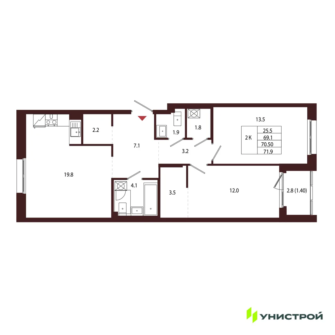 Планировка 2-комн. квартира, 70.5 м² ЖК «Лисино»
