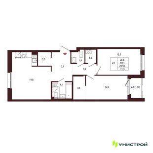Планировка 2-комн. квартира, 70.5 м² ЖК «Лисино»