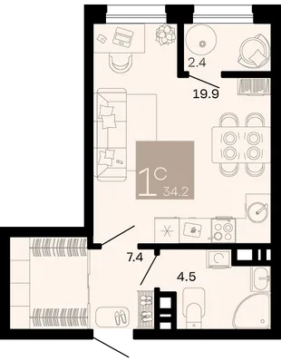 Планировка Студия, 34.2 м² ЖК «Хозяин морей»