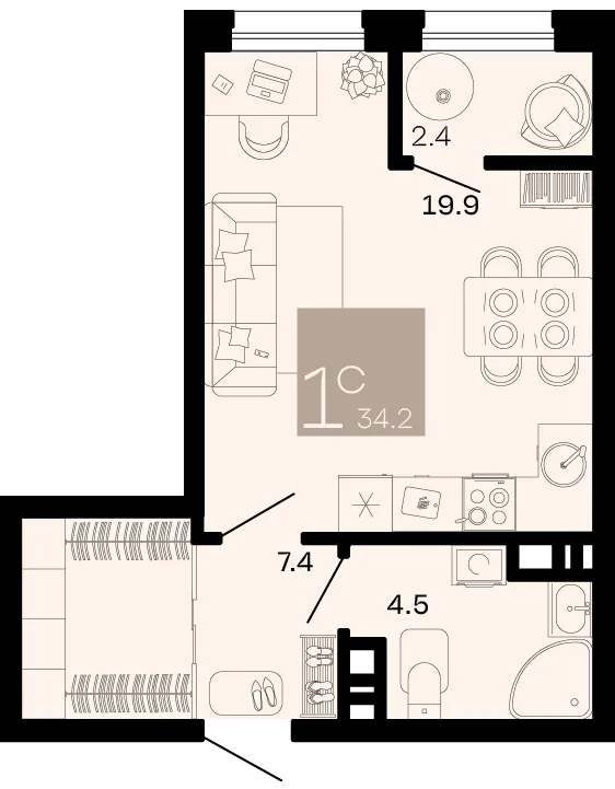 Планировка Студия, 34.2 м² ЖК «Хозяин морей» Планировка Студия, 34.2 м² ЖК «Хозяин морей»