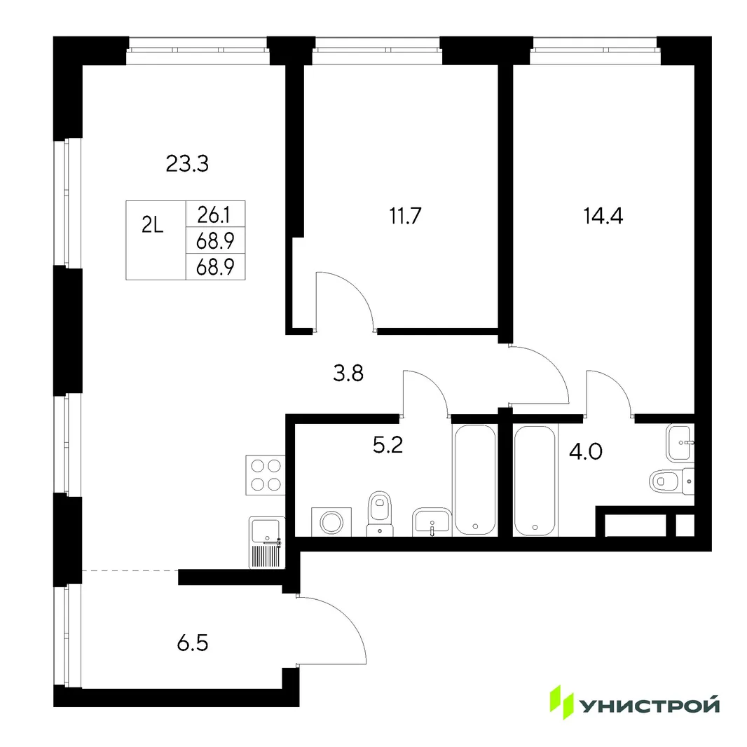 Планировка 2-комн. квартира, 68.9 м² ЖК «Стадиум»