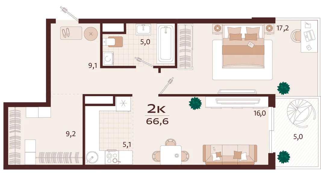 Планировка 2-комн. квартира, 66.6 м² ЖК «Роялта»