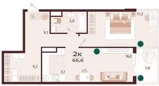 Планировка 2-комн. квартира, 66.6 м² ЖК «Роялта»